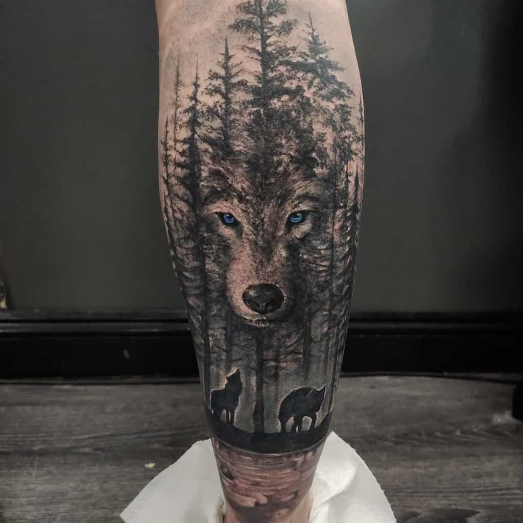 Coverup wolf leg sleeve tattoo