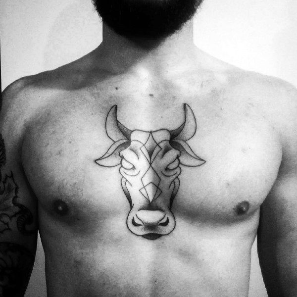 Symmetrical geometric cow head tattoo centered on the chest, featuring clean black lines and subtle shading.