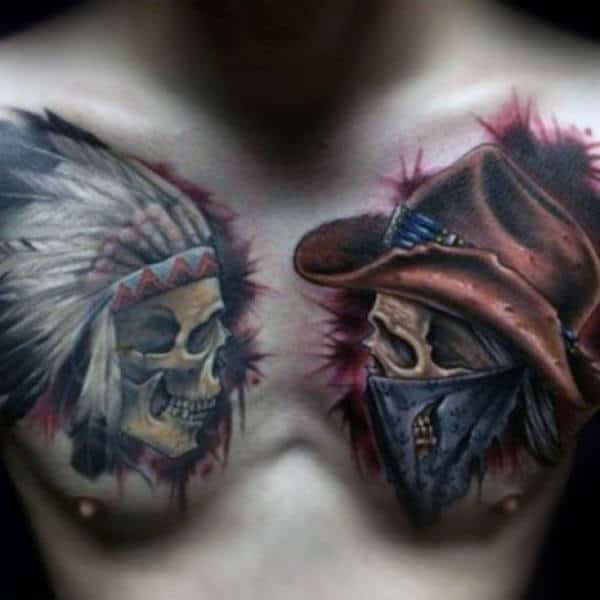 Cowboy And Indian Skulls Mens Chest Tattoos