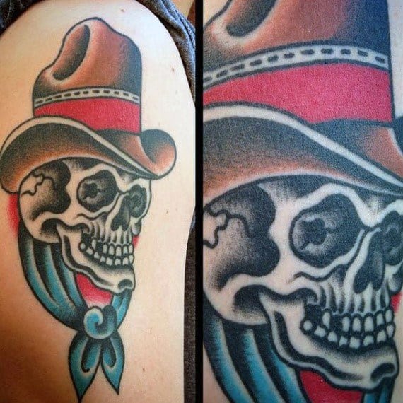 Tattoo of a grinning cowboy skull wearing a red hat and blue bandana, done in bold traditional style with strong outlines and shading.