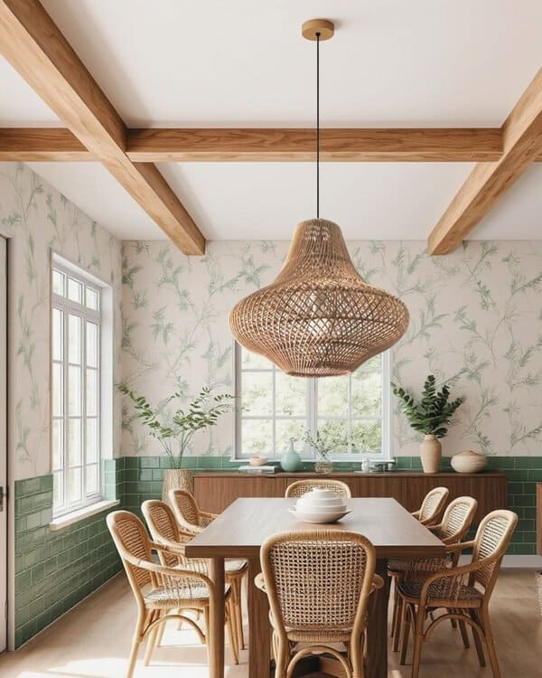Cozy boho dining room with natural materials, wicker chairs, and earthy tones.