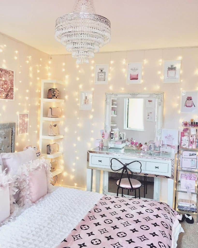 cozy teen girl bedroom string lights chandelier