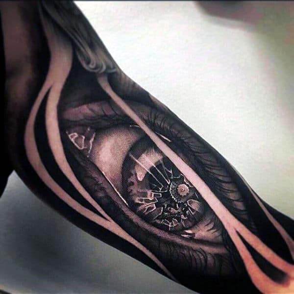 Cracked Eye Ball With Black Patterns Tattoo Guys Arms