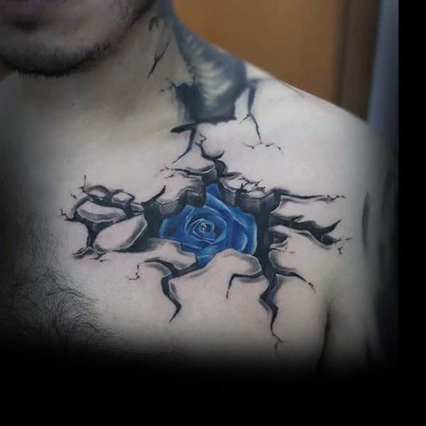 Cracked Skin And Blue Rose Manly Tattoo Male Chest