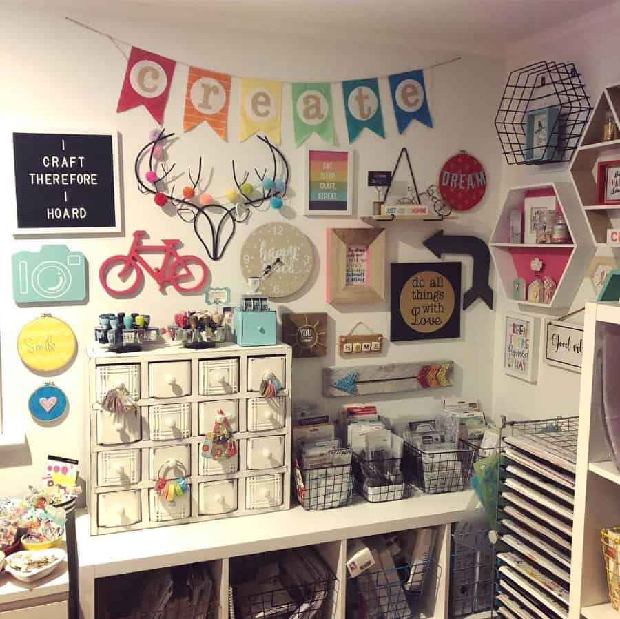 well organized craft room with wall decor