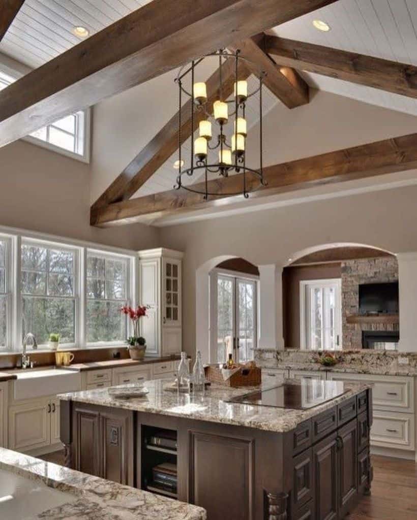 craftsman house interior exposed wood beams marble countertop