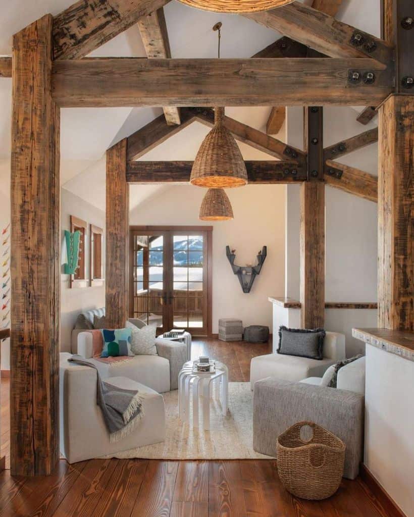 wood beams gray sofa wicker basket