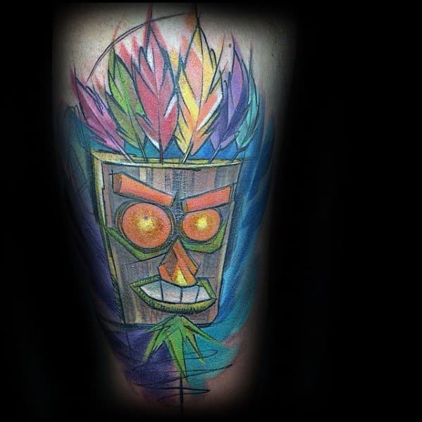 Crash Bandicoot Tattoos For Gentlemen On Thigh With Watercolor Design