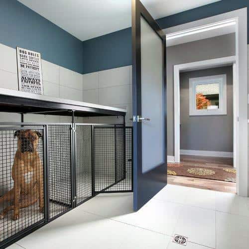 crate dog room with tile flooring and drain