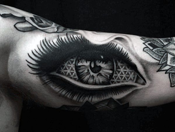 Crazy Mens Realistic Eye Flower Of Life Bicep Inner Arm Tattoo