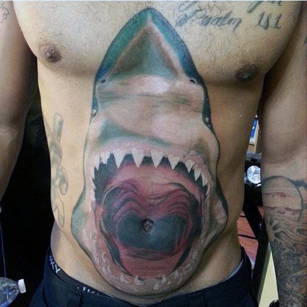 Crazy Mens Shark With Jaws Of Teeth Stomach Tattoo