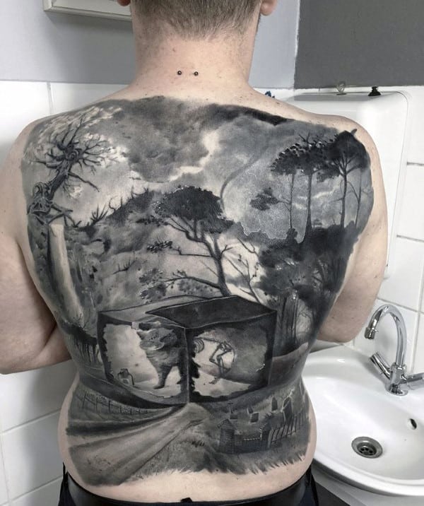 Crazy Realistic Mens Full Back Landscape Graveyard Tattoos