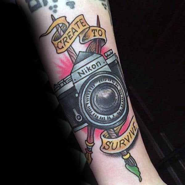 Create To Survive Nikon Camera Tattoo Male Forarms