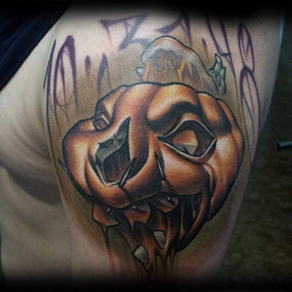 Creative 3d Pumpkin New School Guys Upper Arm Tattoos