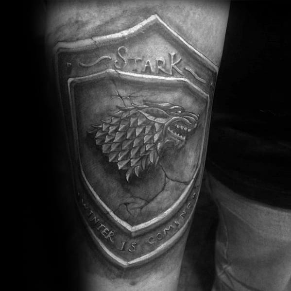 Creative 3d Stone Stark Shield Thigh Game Of Thrones Tattoos For Men