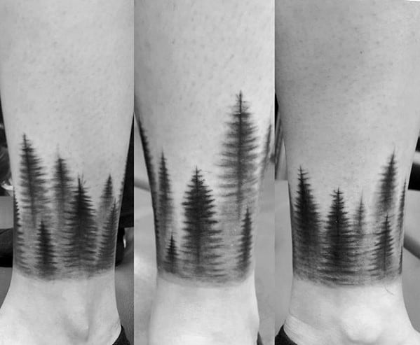 Creative Ankle Band Shaded Black And Grey Ink Pine Tree Forest Tattoos For Men