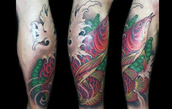 Creative Arowana Tattoos For Men On Leg With Japanese Design