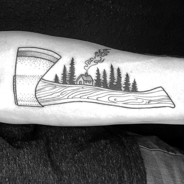 Creative Axe With Cabin In The Woods Inner Forearm Tattoos For Men