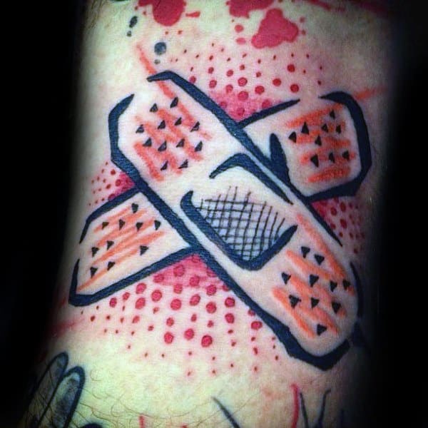 Bold crossed Band-Aid tattoo with abstract black outlines, red dotwork background, and a sketch-style artistic flair.