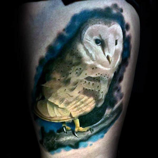 Creative Barn Owl Watercolor Mens Thigh Tattoos