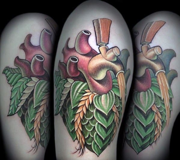 Creative tattoo of an anatomical heart transformed into a beer tap, with hop cones and barley sprouting from it, symbolizing a passion for brewing.