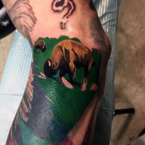 Creative Bison Grass Mens Knee Tattoo