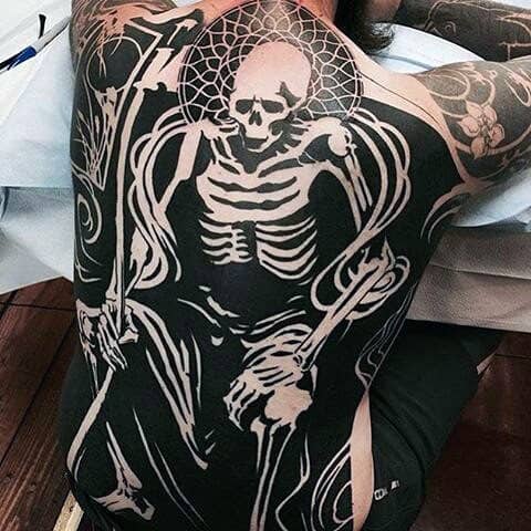 Creative Blackwork Skeleton Mens Full Back Negative Space Tattoos