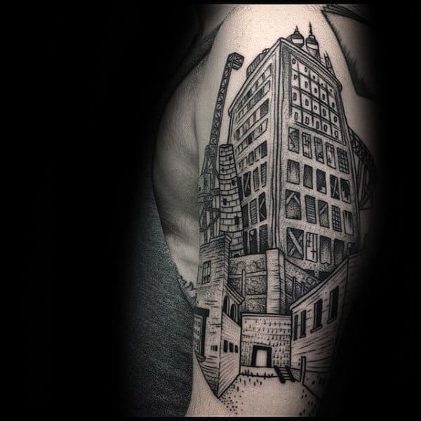 Creative Building Dotwork Mens Arm Tattoos