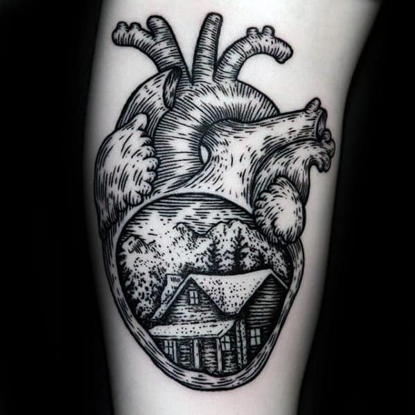 Creative Cabin In Anatomical Heart Arm Tattoo For Men