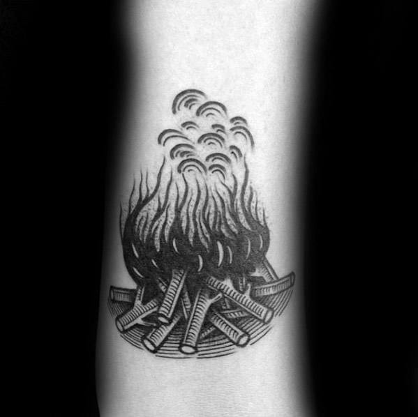 Blackwork campfire tattoo with layered logs, flowing flames, and stylized smoke in wave-like patterns above the fire.