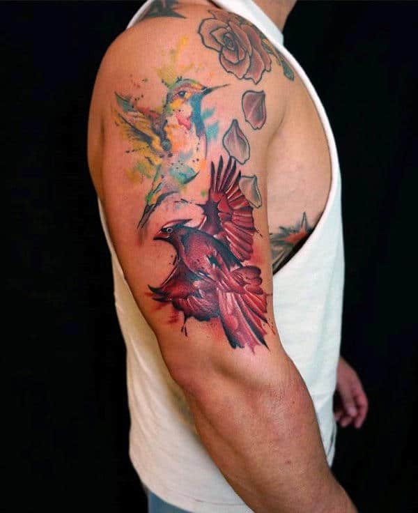 Creative Cardinal Watercolor Guys Upper Arm Tattoos