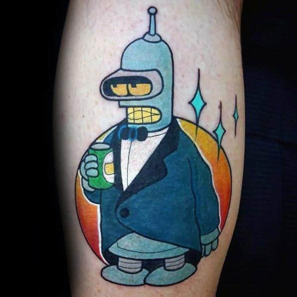 Stylish tattoo of Bender from Futurama in a tuxedo, holding a drink with a sunset background and cartoon sparkles around him.