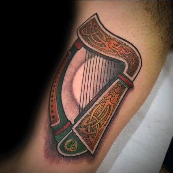 Creative Celtic 3d Inner Arm Bicep Harp Tattoos For Men