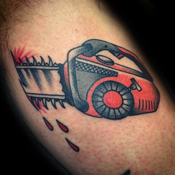 Traditional-style chainsaw tattoo in red and black with bold lines, blood drops, and a compact, stylized design.
