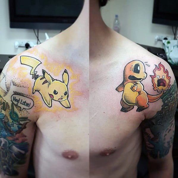 Playful chest tattoos of Pikachu on one side with “Hey! Listen!” text and Charmander on the other side startled by a burning Poké Puff.