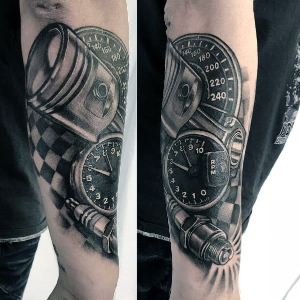 Realistic automotive tattoo featuring a piston, speedometer, spark plug, and checkered flag, symbolizing horsepower, speed, and racing passion.
