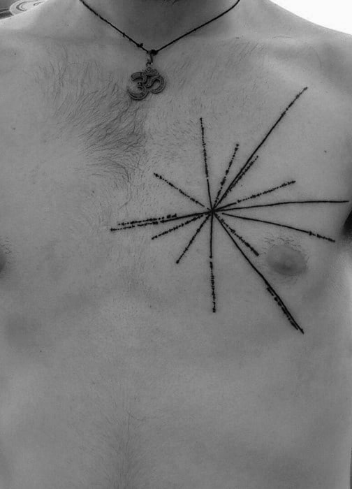 Tattoo of a minimalist pulsar map design on the chest, featuring radial lines and dots resembling a starburst