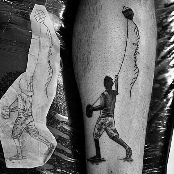 Creative Child Flying Kite Tattoos For Men On Leg