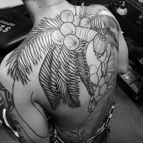 Large black linework tattoo of a coconut tree with clusters of coconuts and leaves, covering the entire back and shoulder.