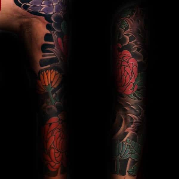 Creative Colorful Chrysanthemum Japanese Tattoo On Male