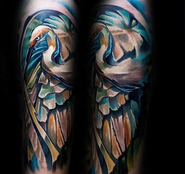 Creative Colorful Crane Mens Watercolor Forearm Sleeve Tattoo