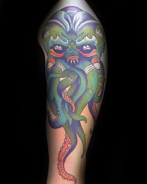 Creative Colorful Cthulhu Guys Arm Tattoos