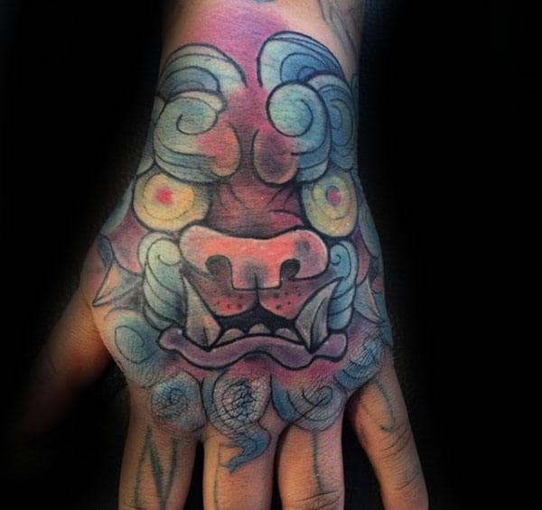 Creative Colorful Male Foo Dog Hand Tattoos