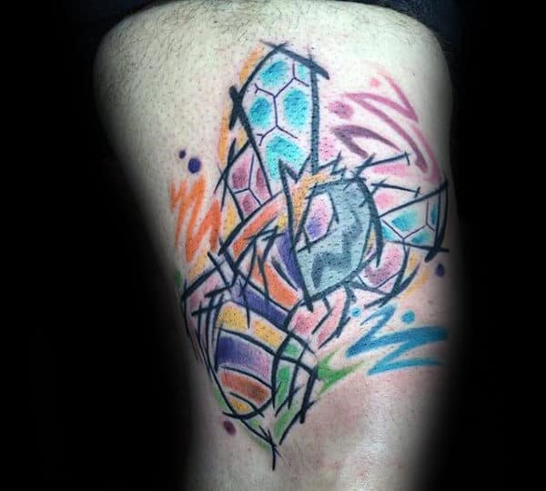 Creative Colorful Mens Abstract Bee Thigh Tattoos