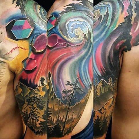 Creative Colorful Mens Northern Lights Sleeve Tattoos