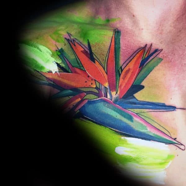 Creative Colorful Watercolor Flower Mens Collar Bone Tattoo