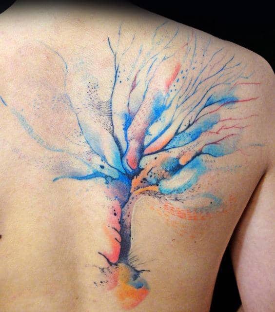 Creative Colorful Watercolor Tree Back Tattoos