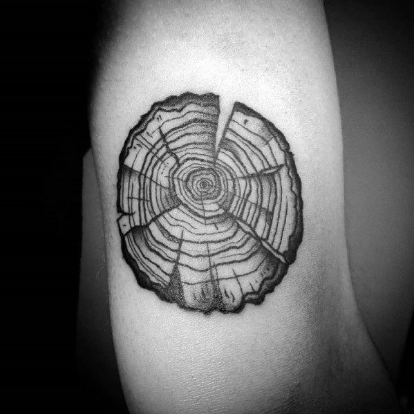 Black and grey tattoo of a detailed tree stump cross-section with visible growth rings, symbolizing time, wisdom, and resilience.