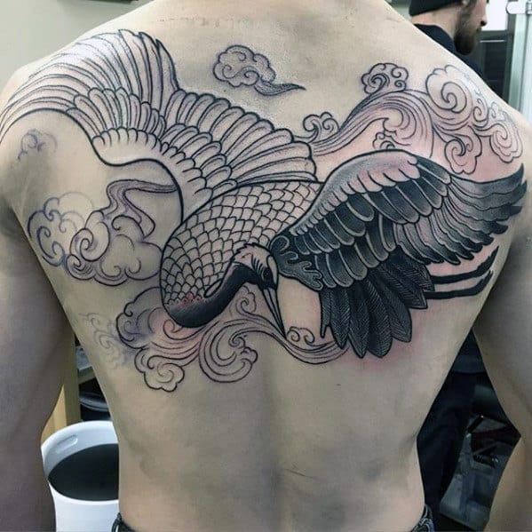 Creative Crane Bird Flying Upper Back Tattoos For Men