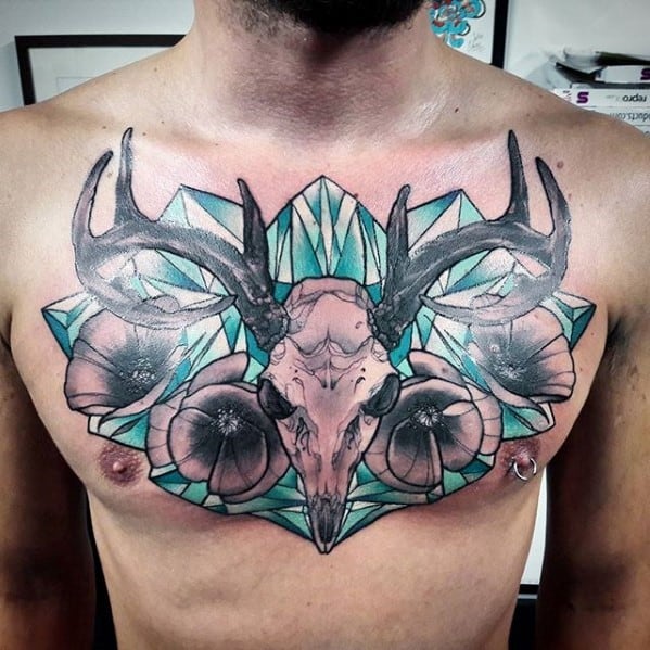Creative Crystal Animal Skull Mens Chest Tattoo Design Ideas